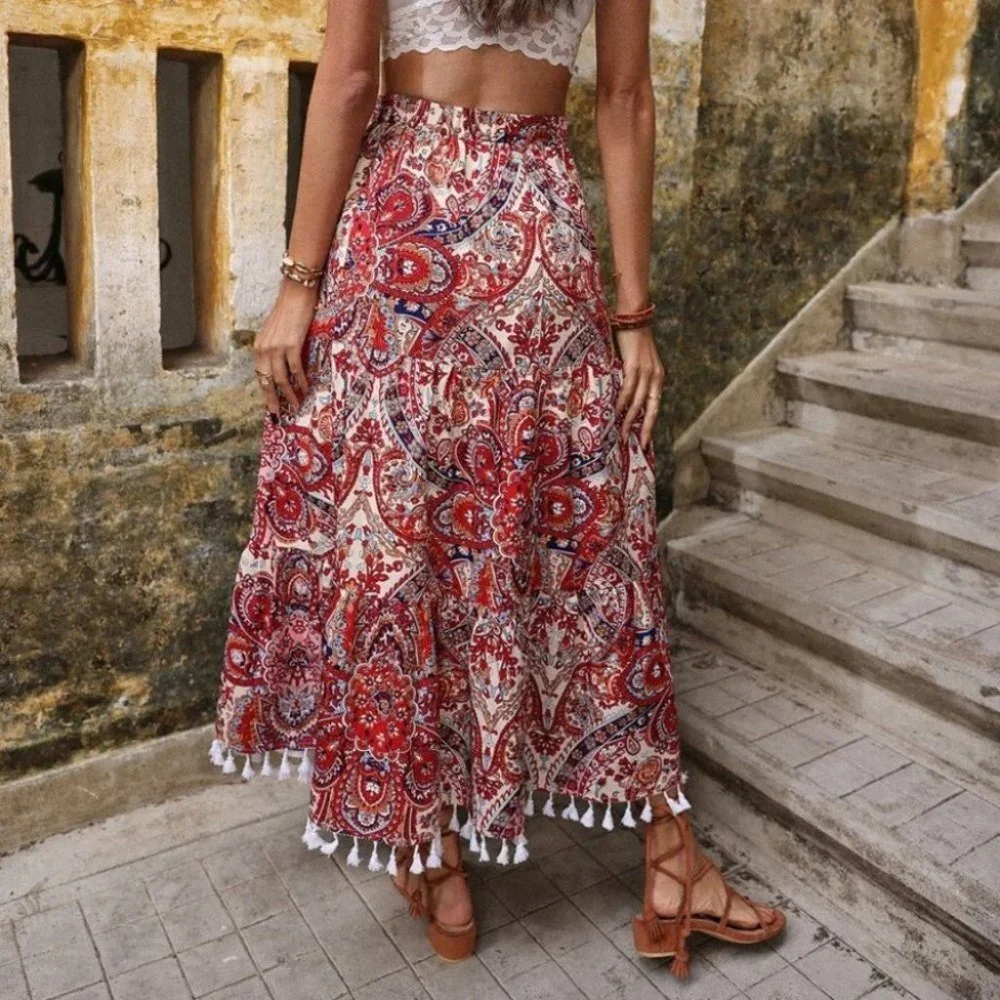 Boho Paisley Floral Skirt Fringe Hem Red - Picture 6 of 7